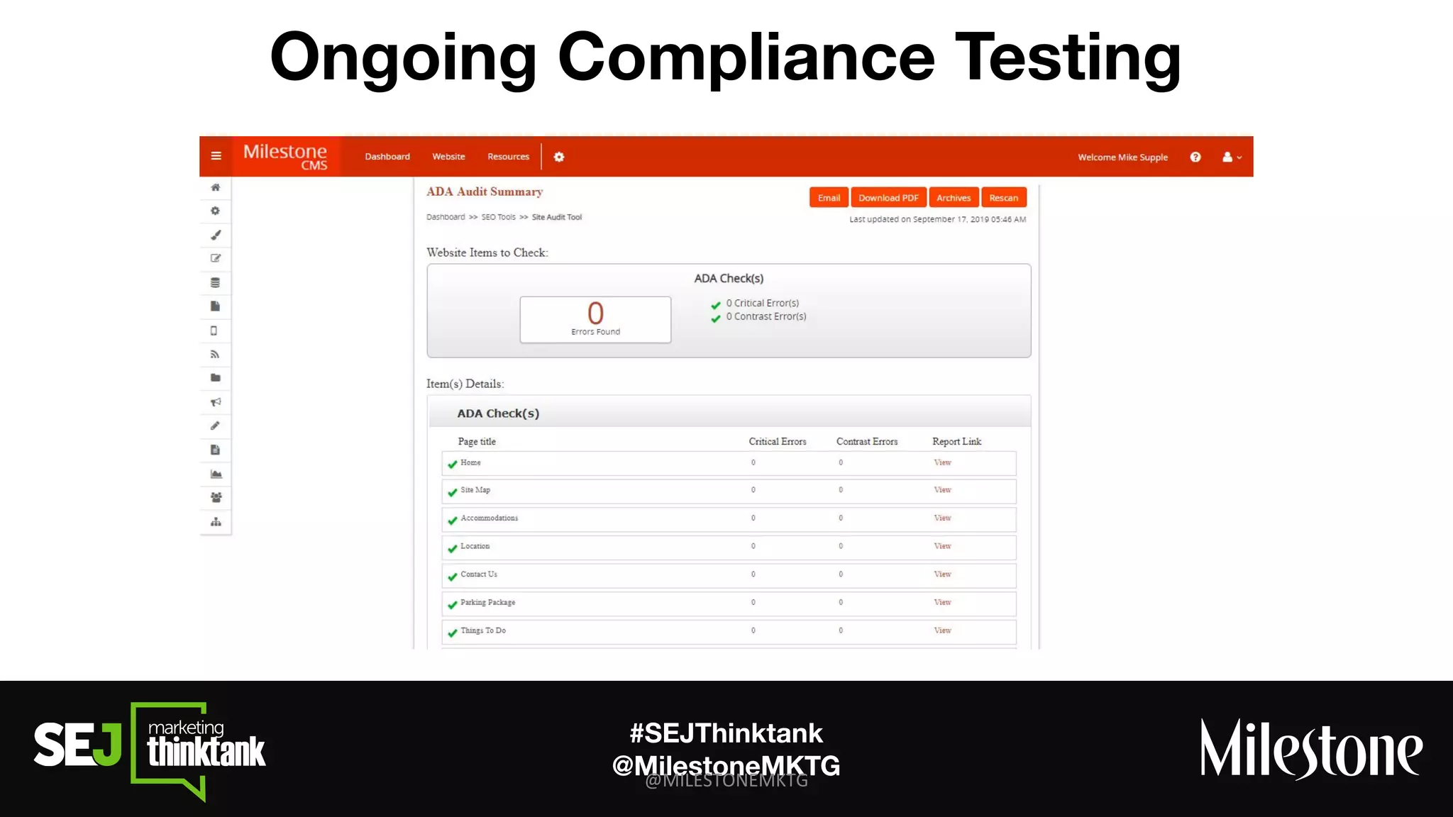 #SEJThinktank
@MilestoneMKTG
Ongoing Compliance Testing
 