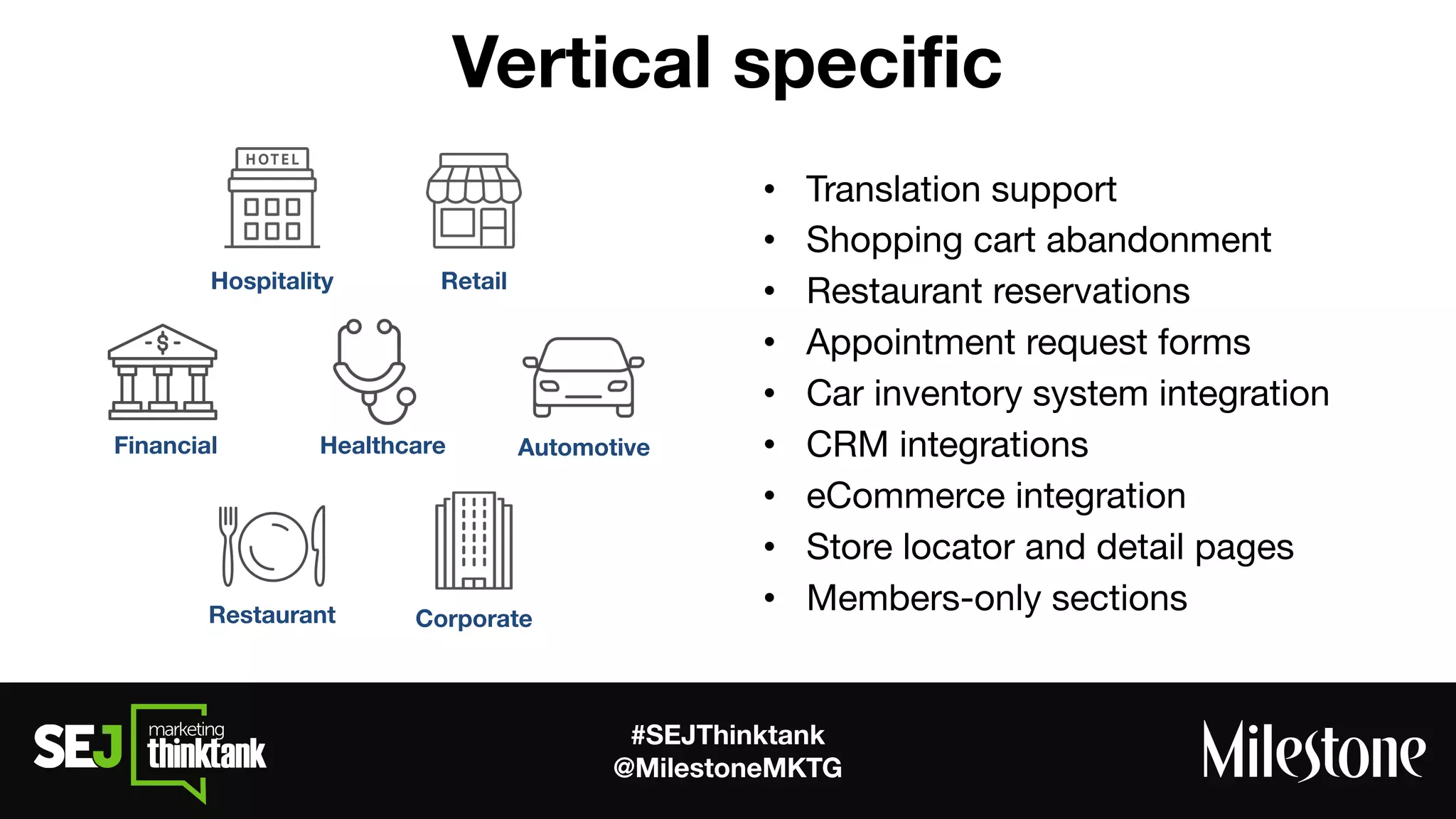 #SEJThinktank
@MilestoneMKTG
Vertical speciﬁc
• Translation support
• Shopping cart abandonment
• Restaurant reservations
• Appointment request forms
• Car inventory system integration
• CRM integrations
• eCommerce integration
• Store locator and detail pages
• Members-only sections
Hospitality Retail
AutomotiveHealthcareFinancial
Restaurant Corporate
 