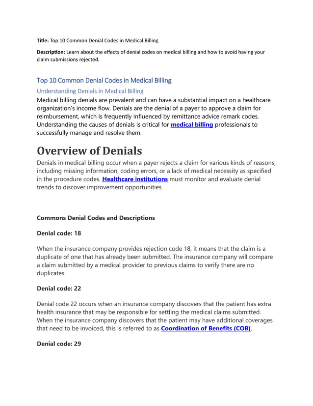 Top 10 common denial codes in medical billing pdf