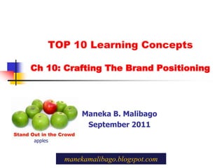 TOP 10 Learning Concepts Ch 10: Crafting The Brand Positioning Maneka B. Malibago September 2011 apples manekamalibago.blogspot.com 