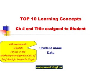 TOP 10 Learning Concepts Ch # and Title assigned to Student Student name Date A Downloadable  Template For use  in the  Marketing Management Class of   Prof. Remigio Joseph De Ungria 
