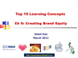 Top 10 Learning Concepts  Ch 9: Creating Brand Equity Soleil Gan March 2011 http://taeyangxinyi.blogspot.com 