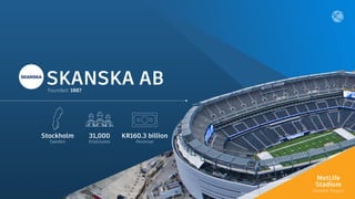 SKANSKA AB
Founded: 1887
31,000
Employees
KR160.3 billion
Revenue
Stockholm
Sweden
MetLife
Stadium
Notable Project
Photo B...