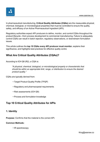 Top 10 Critical Quality Attributes (CQAs) Every API Producer Must ...
