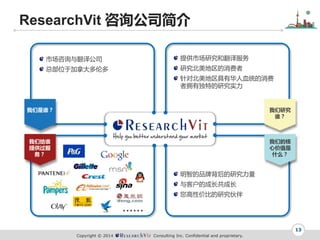Copyright ? 2014 Consulting Inc. Confidential and proprietary.
ResearchVit ѯ˾
13
гѯ뷭빫˾
ܲλڼô׶
ṩгоͷ
о
ԱлѪͳ
ӵжصоʵ
ǵƷƱо
ͻĳɳɳ
Լ۱ȵо

о
˭
ǵĺ
ļֵ
ʲô
˭
Ǹ˭
ṩ

 