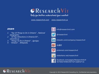 Copyright ? 2014 ResearchVit Consulting Inc. Confidential and proprietary.
www.researchvit.com www.researchvit.ca
info@researchvit.com
@
@researchvit
pinterest.com/researchvit
linkedin.com/company/researchvit
slideshare.net/researchvit
оο:
1. Top 10 Things to Do in Ontario, National
Geographic;
2. 10 Top Attractions in Ontario/CA,
utoronto.ca;
3. Things To Do in Ontario, IgoUgo;
4. Ontario, Wikipedia.
facebook.com/pages/ResearchVit/4
95766670485350?ref=ts&fref=ts
 