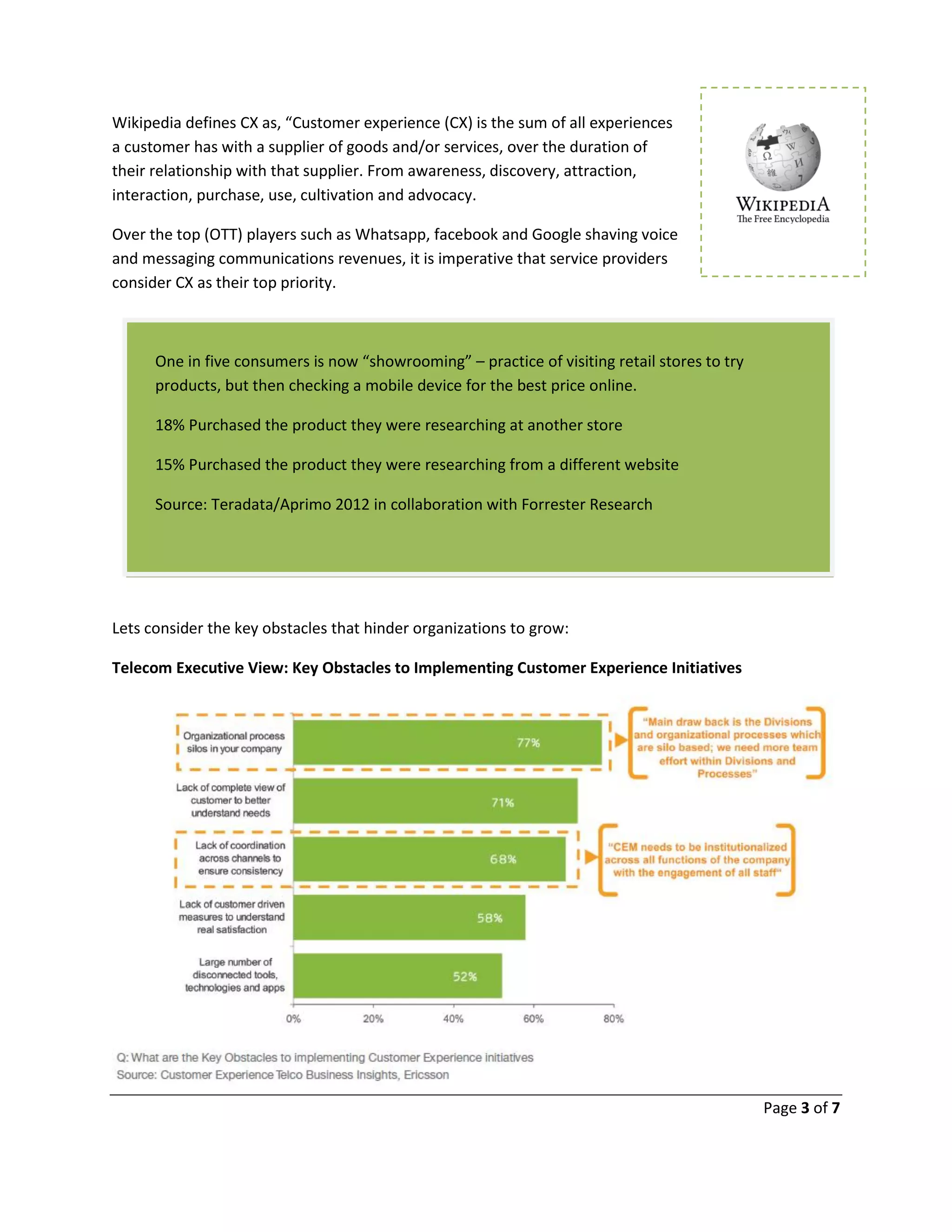 Page 3 of 7
Wikipedia defines CX as, “Customer experience (CX) is the sum of all experiences
a customer has with a supplier of goods and/or services, over the duration of
their relationship with that supplier. From awareness, discovery, attraction,
interaction, purchase, use, cultivation and advocacy.
Over the top (OTT) players such as Whatsapp, facebook and Google shaving voice
and messaging communications revenues, it is imperative that service providers
consider CX as their top priority.
Lets consider the key obstacles that hinder organizations to grow:
Telecom Executive View: Key Obstacles to Implementing Customer Experience Initiatives
One in five consumers is now “showrooming” – practice of visiting retail stores to try
products, but then checking a mobile device for the best price online.
18% Purchased the product they were researching at another store
15% Purchased the product they were researching from a different website
Source: Teradata/Aprimo 2012 in collaboration with Forrester Research
 