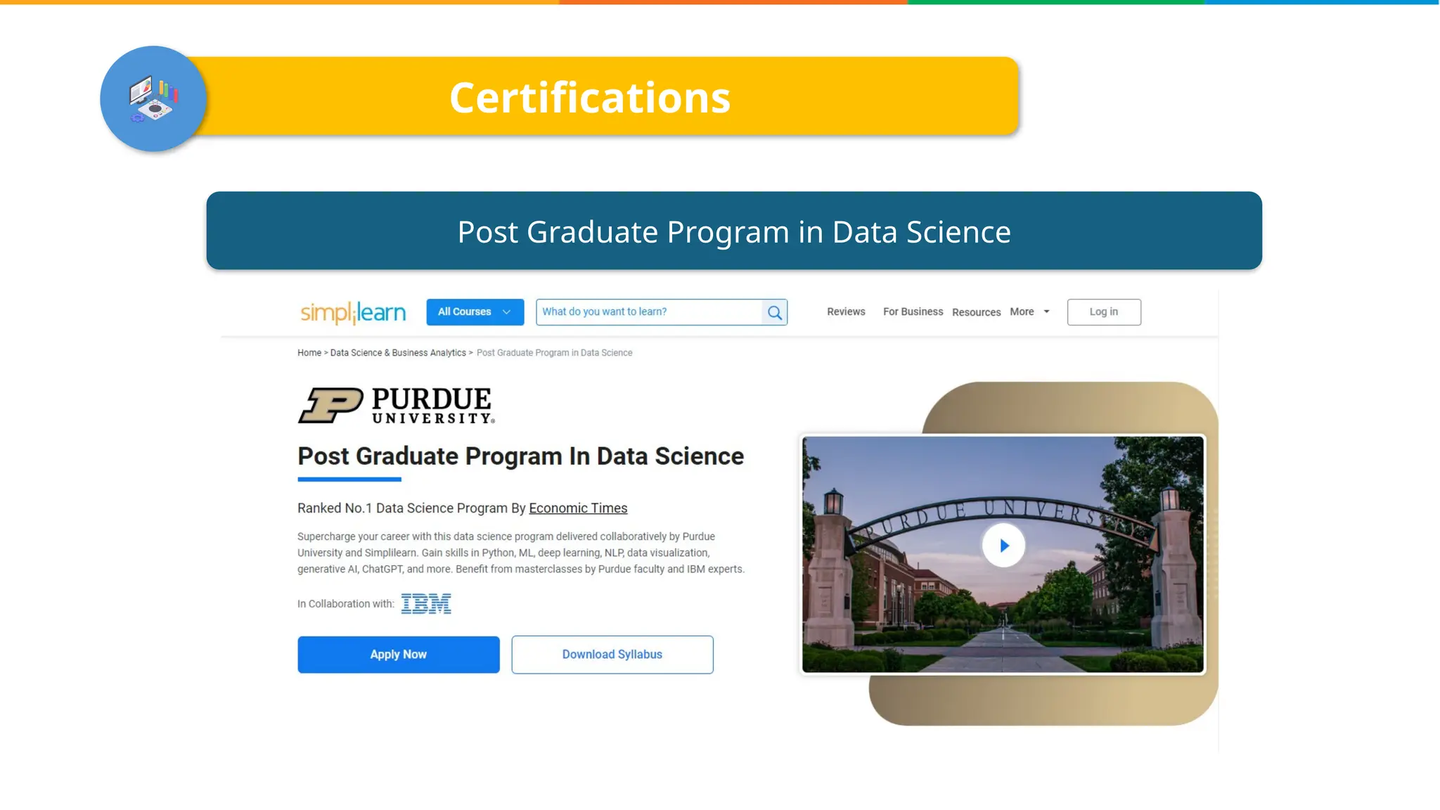 Certifications
Post Graduate Program in Data Science
 