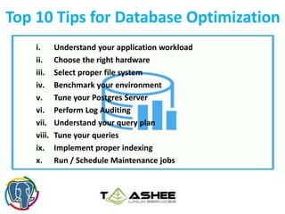i. Understand your application workload
ii. Choose the right hardware
iii. Select proper file system
iv. Benchmark your environment
v. Tune your Postgres Server
vi. Perform Log Auditing
vii. Understand your query plan
viii. Tune your queries
ix. Implement proper indexing
x. Run / Schedule Maintenance jobs
Top 10 Tips for Database Optimization
 