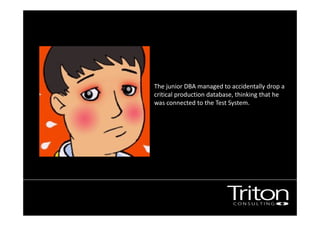 Image of a junior DBA 
The junior DBA managed to accidentally drop a 
critical production database, thinking that he 
was connected to the Test System. 
 