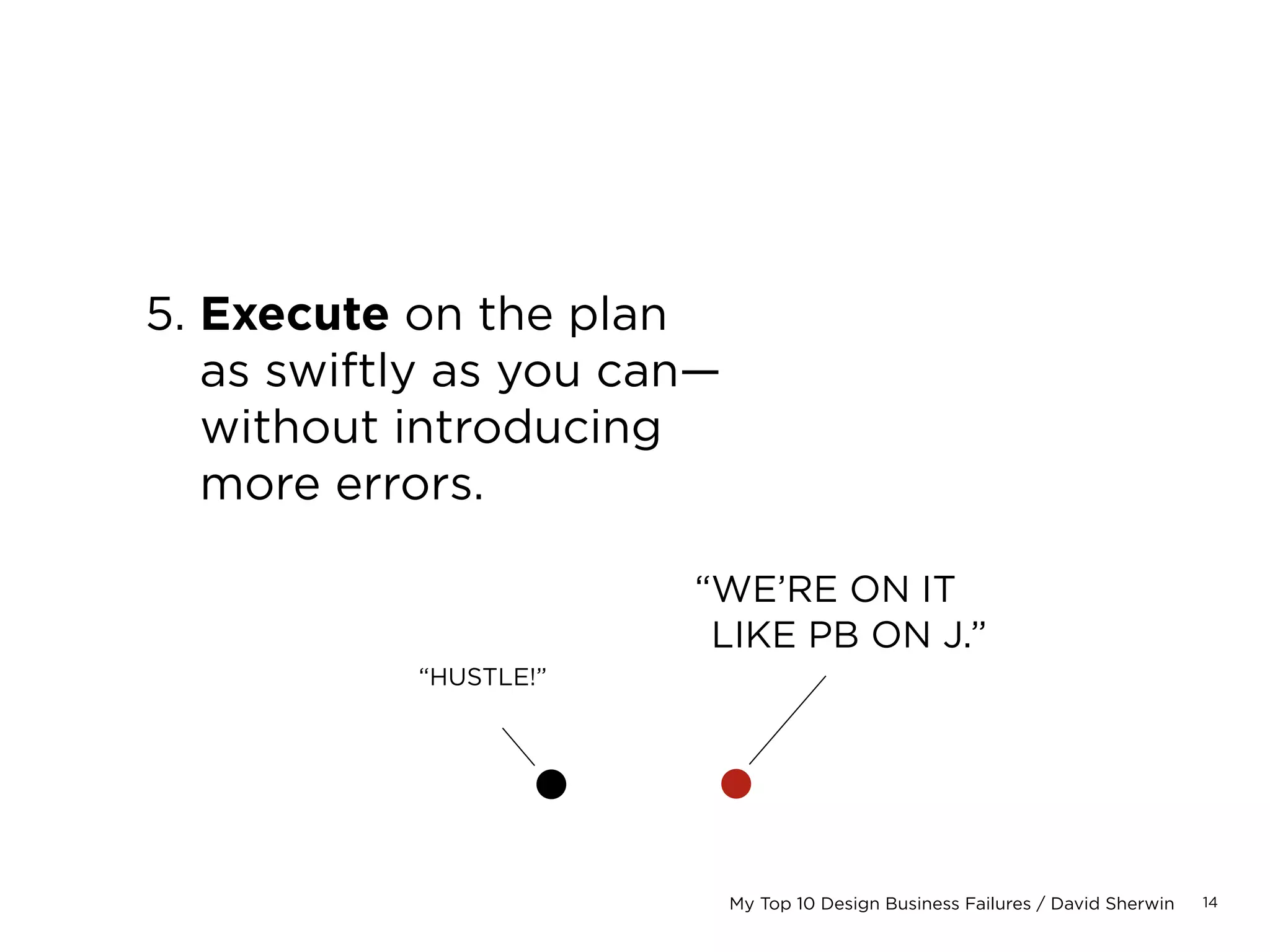 14My Top 10 Design Business Failures / David Sherwin
5. Execute on the plan
as swiftly as you can—
without introducing
more errors.
“WE’RE ON IT
LIKE PB ON J.”
“HUSTLE!”
 