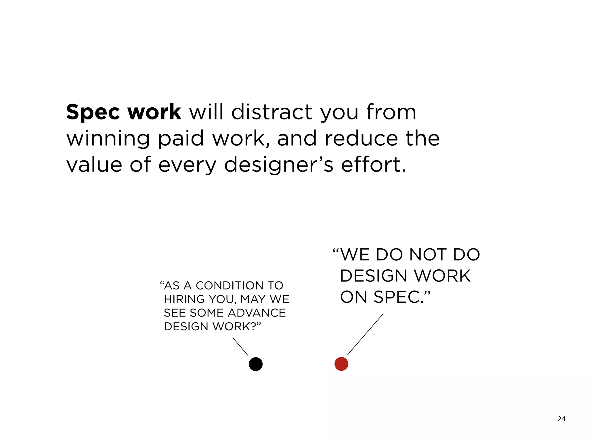 24
123
456
789
101112
131415
161718
192021
222324
252627
282930
313233
If you do spec work, you’re
gambling away future profit.
 