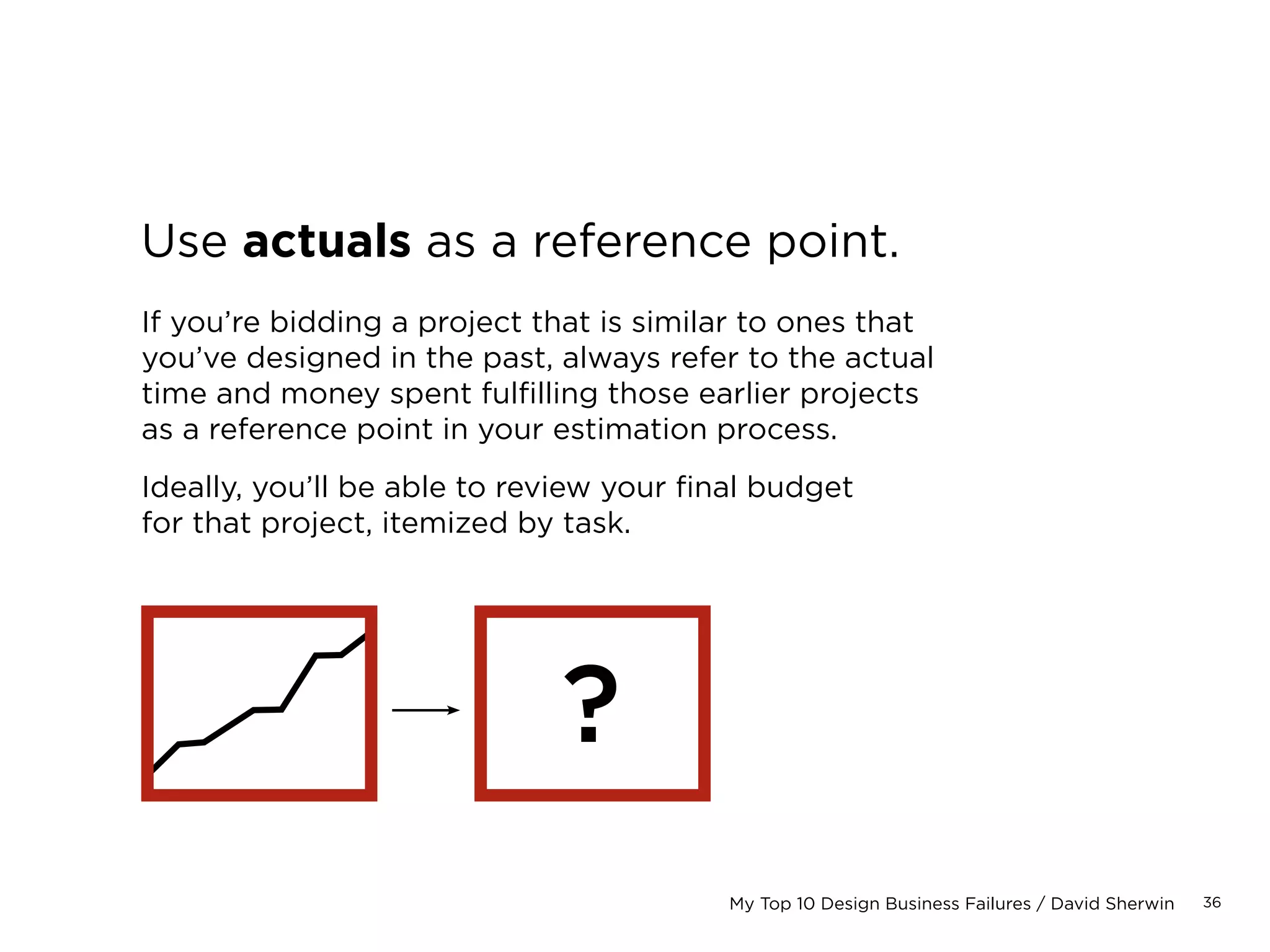 36My Top 10 Design Business Failures / David Sherwin
Estimates need breathing room.
All project estimates should include padding. It
allows space for the creative process. This padding
should be built into value-based and hourly estimates.
The designer wants 20 hours.
Give her 24 hours in the estimate.
CREATIVE PADDING IS 20% OF ESTIMATE IN THIS INSTANCE.
SOME DESIGNERS, WHEN SELF-ESTIMATING, CAN BE OFF
BY AS MUCH AS 50%–100% ON A NEW TASK.
 