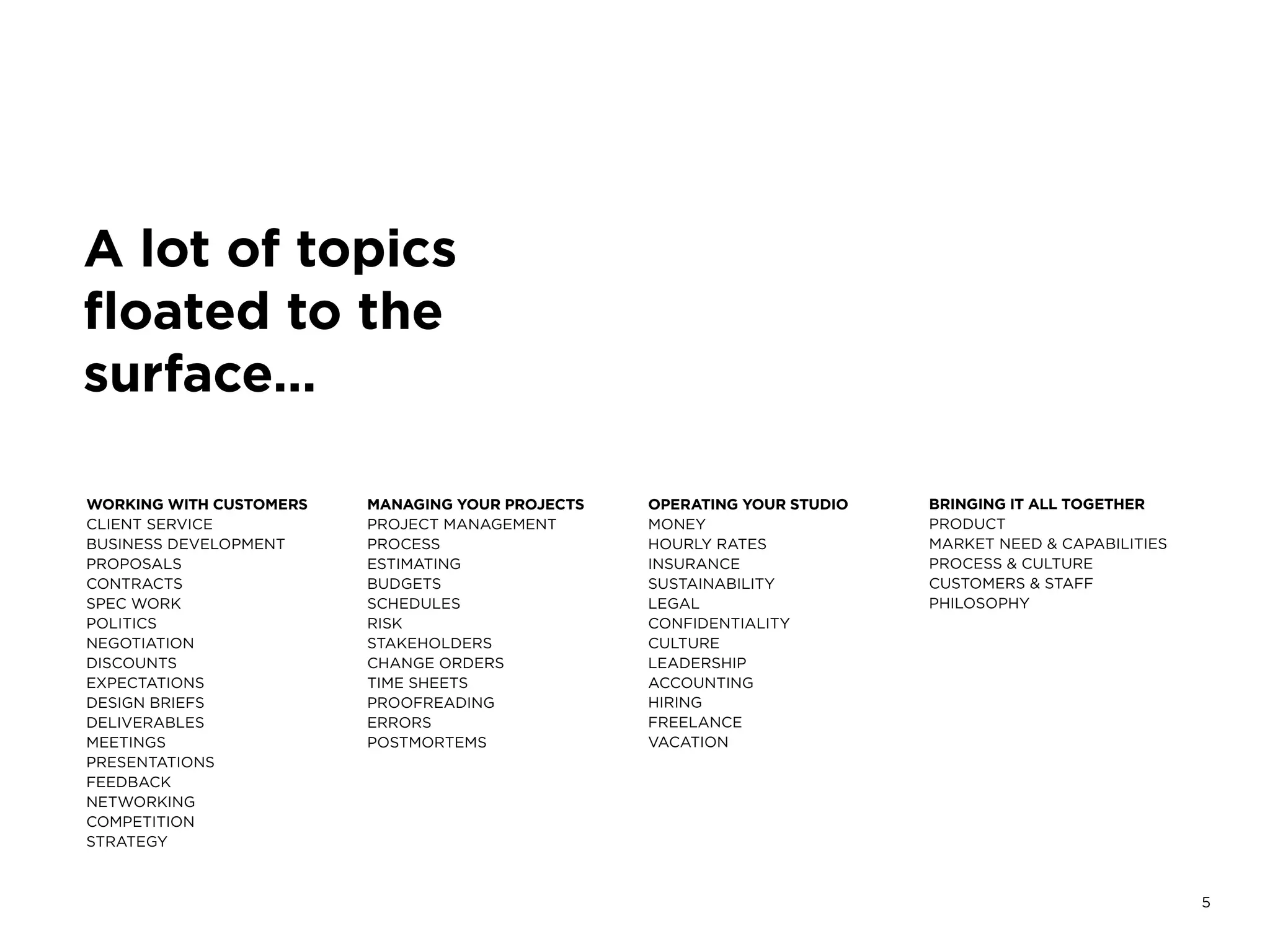 5My Top 10 Design Business Failures / David Sherwin
Client
Service
Accounting
Estimating
Studio
Capabilities
Business
Development
Studio
Culture
ProjectManagement
DesignLeadership
 