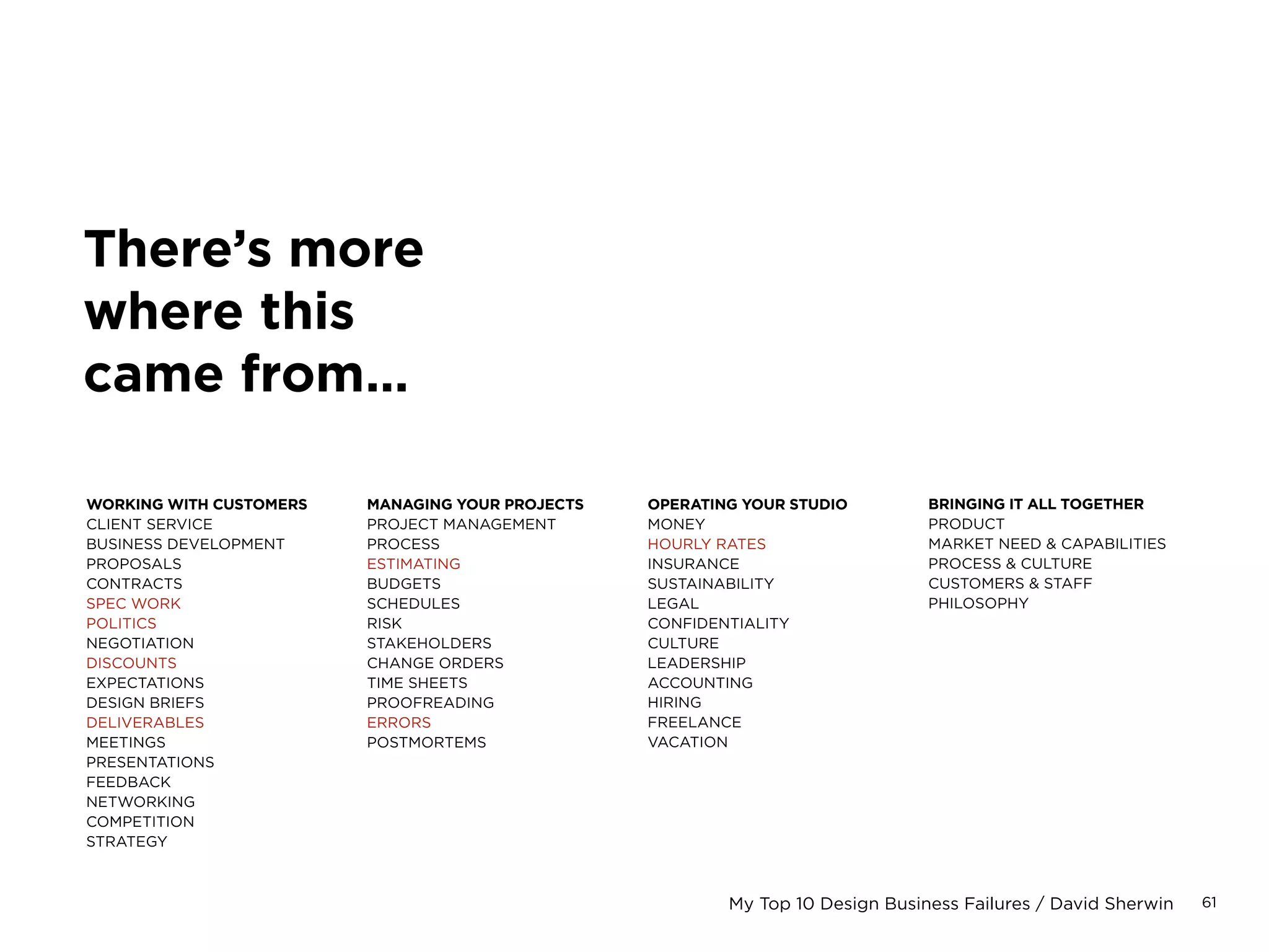 61My Top 10 Design Business Failures / David Sherwin
Now, for something completely different…
PROPOSAL
RESEARCH
BRIEF
RESEARCH
REPORT
SITE
MAP
CONTENT
INVENTORY
CONTENT
STRATEGY
CONTENT
CREATION
MOOD
BOARDS
UI DESIGN
CONCEPTS
TEMPLATE
DESIGNS
THING
CLIENT
WANTS
BADLY
WIRE-
FRAMES
 