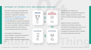 04
Internet of Things
Copyright © 2022 / +91-98311 48300 / info@indusnet.co.in 10
Top 10 Digital Transformation Trends For Healthcare in 2022
Remote monitoring in the healthcare
industry is now feasible, thanks to the
Internet of Things (IoT)-enabled
equipment. It is expected to reach
$176.82 billion by 2026. Remote
monitoring helps to reduce the duration
of hospital stay and avoid readmissions
as much as possible. Thereby, it helps in
reducing healthcare costs without
compromising treatment outcomes.
IoT sensors can detect any
abnormalities in a patient’s body like a
drop in oxygen saturation, blood
pressure, heart rate, blood sugar levels,
etc.
IoT sensors can detect any
abnormalities in a patient’s body like a
drop in oxygen saturation, blood
pressure, heart rate, blood sugar levels,
etc.
Based on that, it can alert the
healthcare providers and family
members for emergencies. Doctors can
assess the data on IoT devices to
change their treatment plan if needed
and reach expected outcomes.
I N T E R N E T O F T H I N G S ( I O T ) A N D W E A R A B L E D E V I C E S
DEVICES
DATA
AGGREGATION &
PRE-PROCESSING
DATA STORAGE
DATA ANALYSIS
 