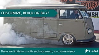 There are limitations with each approach, so choose wisely
CUSTOMIZE, BUILD OR BUY?
 
