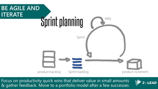 Focus on productivity quick wins that deliver value in small amounts
& gather feedback. Move to a portfolio model after a few successes
BE AGILE AND
ITERATE
 