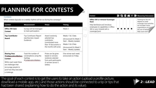 The goal of each contest is to get the users to take an action (upload a profile picture,
download a mobile app, etc.) and those actions should be connected to a tip or tips that
had been shared (explaining how to do the action and its value).
PLANNING FOR CONTESTS
 