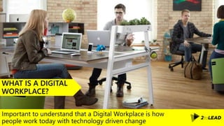 Important to understand that a Digital Workplace is how
people work today with technology driven change
WHAT IS A DIGITAL
WORKPLACE?
 