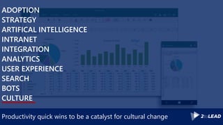 Productivity quick wins to be a catalyst for cultural change
ADOPTION
STRATEGY
ARTIFICAL INTELLIGENCE
INTRANET
INTEGRATION
ANALYTICS
USER EXPERIENCE
SEARCH
BOTS
CULTURE
 