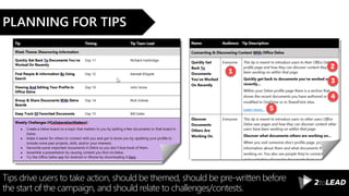 Tips drive users to take action, should be themed, should be pre-written before
the start of the campaign, and should relate to challenges/contests.
PLANNING FOR TIPS
 