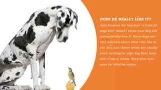 You can whatever play
with him, or make fun of
him, or dress him up in
the way you wish. He will
never care about if you do
out of line. Because you
are the one they love.
DOES HE REALLY LIKE IT?
Just because the bag says “a treat all
dogs love” doesn’t mean your dog will
automatically love it. Some dogs are
very selective about what they like to
eat. Soft and chewy treats are usually
more exciting for your dog than hard
and crunchy treats. Keep your eyes
open for what he enjoys.
 