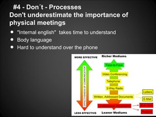 #4 - Don´t - Processes
Don't underestimate the importance of
physical meetings
•   "Internal english" takes time to unders...