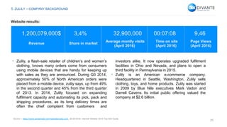 25
1,200,079,000$ 3,4% 32,900,000 00:07:08 9,46
Revenue Share in market
Average montly visits
(April 2016)
Time on site
(April 2016)
Page Views
(April 2016)
• Zulily, a flash-sale retailer of children’s and women’s
clothing, knows many orders come from consumers
using mobile devices that are handy for keeping up
with sales as they are announced. During Q3 2014,
approximately 50% of North American orders were
placed from a mobile device, zulily says, up from 49%
in the second quarter and 45% from the third quarter
of 2013. In 2014, Zulily focused on expanding
fulfilment capacity and automating its pick, pack and
shipping procedures, as its long delivery times are
often the chief complaint from customers and
investors alike. It now operates upgraded fulfilment
facilities in Ohio and Nevada, and plans to open a
third facility in Pennsylvania in 2015.
• Zulily is an American e-commerce company.
Headquartered in Seattle, Washington, Zulily sells
clothing, toys, and home products. Zulily was started
in 2009 by Blue Nile executives Mark Vadon and
Darrell Cavens. Its initial public offering valued the
company at $2.6 billion.
Source – https://www.similarweb.com/website/zulily.com, 26.05.2016, Internet Retailer 2015 Top 500 Guide.
5. ZULILY – COMPANY BACKGROUND
Website results:
 
