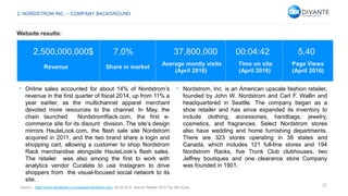 37
2,500,000,000$ 7,0% 37,800,000 00:04:42 5,40
Revenue Share in market
Average montly visits
(April 2016)
Time on site
(April 2016)
Page Views
(April 2016)
• Online sales accounted for about 14% of Nordstrom’s
revenue in the first quarter of fiscal 2014, up from 11% a
year earlier, as the multichannel apparel merchant
devoted more resources to the channel. In May, the
chain launched NordstromRack.com, the first e-
commerce site for its disount division. The site’s design
mirrors HauteLook.com, the flash sale site Nordstrom
acquired in 2011, and the two brand share a login and
shopping cart, allowing a customer to shop Nordstrom
Rack merchandise alongside HauteLook’s flash sales.
The retailer was also among the first to work with
analytics vendor Curalate to use Instagram to drive
shoppers from the visual-focused social network to its
site.
• Nordstrom, Inc. is an American upscale fashion retailer,
founded by John W. Nordstrom and Carl F. Wallin and
headquartered in Seattle. The company began as a
shoe retailer and has since expanded its inventory to
include clothing, accessories, handbags, jewelry,
cosmetics, and fragrances. Select Nordstrom stores
also have wedding and home furnishing departments.
There are 323 stores operating in 38 states and
Canada, which includes 121 full-line stores and 194
Nordstrom Racks, five Trunk Club clubhouses, two
Jeffrey boutiques and one clearance store Company
was founded in 1901.
Source – https://www.similarweb.com/website/nordstrom.com, 26.05.2016, Internet Retailer 2015 Top 500 Guide.
2. NORDSTROM INC. – COMPANY BACKGROUND
Website results:
 