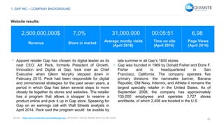 41
2,500,000,000$ 7,0% 31,000,000 00:05:51 6,98
Revenue Share in market
Average montly visits
(April 2016)
Time on site
(April 2016)
Page Views
(April 2016)
• Apparel retailer Gap has chosen its digital leader as its
next CEO. Art Peck, formerly President of Growth,
Innovation and Digital at Gap, took over as Chief
Executive when Glenn Murphy stepped down in
February 2015. Peck had been responsible for digital
and omnichannel strategies for the past seven years, a
period in which Gap has taken several steps to more
closely tie together its stores and websites. The retailer
has a program that allows a shopper to reserve a
product online and pick it up in Gap store. Speaking for
Gap on an earnings call with Wall Streets analysts in
April 2014, Peck said the program would be avaible by
late summer in all Gap’s 1600 stores.
• Gap was founded in 1969 by Donald Fisher and Doris F.
Fisher and is headquartered in San
Francisco, California. The company operates five
primary divisions: the namesake banner, Banana
Republic, Old Navy, Intermix, and Athleta it remains the
largest specialty retailer in the United States. As of
September 2008, the company has approximately
135,000 employees and operates 3,727 stores
worldwide, of which 2,406 are located in the U.S.
Source – https://www.similarweb.com/website/gap.com, 26.05.2016, Internet Retailer 2015 Top 500 Guide.
1. GAP INC. – COMPANY BACKGROUND
Website results:
 