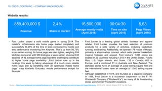 5
859,400,000 $ 2,4% 16,500,000 00:04:30 6,63
Revenue Share in market
Average montly visits
(April 2016)
Time on site
(April 2016)
Page Views
(April 2016)
Source – https://www.similarweb.com/website/footlocker.com, http://www.footlocker-inc.com/company.cfm?page=foot-locker, 26.05.2016, Internet Retailer 2015 Top 500 Guide.
10. FOOT LOCKER INC. – COMPANY BACKGROUND
Website results:
• Foot Locker played a solid mobile game in spring 2014. The
retailer’s mCommerce site home page loaded completely and
successfully 99,29% of the time in tests conducted by mobile and
web performance monitoring firm Keynote. That’s up from 95,73%
in an earlier scoring. Its home page was also lighter, weighing 854
kilobytes compared with 960 kilobytes a week earlier, shaving 0,02
seconds off its average home page load time and helping contribute
to higher home page availability. „Foot Locker rose up in the
rankings this week by taking advantage of a much more reliable
home page and by benefiting from an opitimized mobile home
page.” says Abelardo Gonzalez, mobile performance analyst for
Keynote.
• Foot Locker is a leading global athletic footwear and apparel
retailer. Foot Locker provides the best selection of premium
products for a wide variety of activities, including basketball,
running, and training. Additionally, we operate 178 House of Hoops,
primarily a shop-in-shop concept, which sells premier basketball-
inspired footwear and apparel. Foot Locker’s 1,835 stores are
located in 23 countries including 1,015 in the United States, Puerto
Rico, U.S. Virgin Islands, and Guam, 126 in Canada, 603 in
Europe, and a combined 91 in Australia and New Zealand. The
domestic stores have an average of 2,500 selling square feet and
the international stores have an average of 1,500 selling square
feet.
• Although established in 1974, and founded as a separate company
in 1988, Foot Locker is a successor corporation to the F. W.
Woolworth Company (“Woolworth’s”), as many of its freestanding
stores were former Woolworth's locations.
 