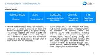 9
900,000,000$ 2,5% 9,900,000 00:05:42 8,45
Revenue Share in market
Average montly visits
(April 2016)
Time on site
(April 2016)
Page Views
(April 2016)
• Although traffic in its retail stores is on the decline, J.
Crew says its direct business is on track and
remains an important parts of its growth strategy.
The company reported $900 milion in 2014 web
sales, up 20% over $750 milion in 2013. J.Crew
says it continues to learn from the international
component of its direct business, through which it
shops to more than 100 companies.
• J.Crew Group, Inc., is an American multi-brand,
multi-channel, specialty retailer. The company offers
an assortment of women's, men's and
children's apparel and accessories, including
swimwear, outerwear, loungewear, wedding, bags,
sweaters, denim, dresses, suiting, jewelry, and
shoes. As of August 2012, it operates more than 300
retail stores throughout the United States. The
company conducts its business through retail,
factory, crewcuts, Madewell stores, catalogs and
online. Company was founded in 1983.
Source – https://www.similarweb.com/website/jcrew.com, 26.05.2016, Internet Retailer 2015 Top 500 Guide.
9. J.CREW GROUPS INC. – COMPANY BACKGROUND
Website results:
 