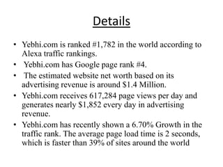 Details
• Yebhi.com is ranked #1,782 in the world according to
  Alexa traffic rankings.
• Yebhi.com has Google page rank #4.
• The estimated website net worth based on its
  advertising revenue is around $1.4 Million.
• Yebhi.com receives 617,284 page views per day and
  generates nearly $1,852 every day in advertising
  revenue.
• Yebhi.com has recently shown a 6.70% Growth in the
  traffic rank. The average page load time is 2 seconds,
  which is faster than 39% of sites around the world
 