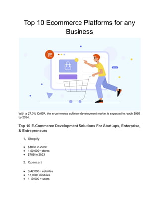 Top 10 Ecommerce Platforms for any
Business
With a 27.0% CAGR, the e-commerce software development market is expected to reach $99B
by 2024.
Top 10 E-Commerce Development Solutions For Start-ups, Enterprise,
& Entrepreneurs
1. Shopify
● $10B+ in 2020
● 1,50,000+ stores
● $78B in 2023
2. Opencart
● 3,42,000+ websites
● 13,000+ modules
● 1,10,000 + users
 