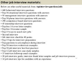 Other job interview materials:
Below are other useful materials from: topinterviewquestions.info
• 440 behavioral interview questions
• Top 36 situational interview questions with answers
• 95 management interview questions with answers
• Top 30 phone interview questions with answers
• 290 competency based interview questions
• 45 internship interview questions
• Top free 14 cover letter samples
• Top free 16 resume sample
• Top 15 ways to search new jobs
• Second interview
• Job interview checklist 40 points
• Top 15 tips for interview preparation
• Top questions to ask employer during interview
• Top 58 interview written test examples
• Top 38 job interview best best practices
• Top 12 job interview case study samples
• 15 interview followup email examples
• 28 job interview guide, interview thank letter samples and job interview process
• 14 job interview tips for candidate with no experience 56
 
