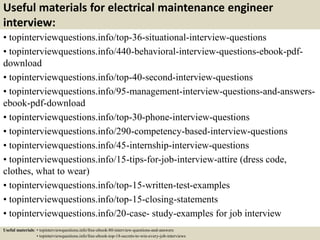 Useful materials for electrical maintenance engineer
interview:
• topinterviewquestions.info/top-36-situational-interview-questions
• topinterviewquestions.info/440-behavioral-interview-questions-ebook-pdf-
download
• topinterviewquestions.info/top-40-second-interview-questions
• topinterviewquestions.info/95-management-interview-questions-and-answers-
ebook-pdf-download
• topinterviewquestions.info/top-30-phone-interview-questions
• topinterviewquestions.info/290-competency-based-interview-questions
• topinterviewquestions.info/45-internship-interview-questions
• topinterviewquestions.info/15-tips-for-job-interview-attire (dress code,
clothes, what to wear)
• topinterviewquestions.info/top-15-written-test-examples
• topinterviewquestions.info/top-15-closing-statements
• topinterviewquestions.info/20-case- study-examples for job interview
Useful materials: • topinterviewquestions.info/free-ebook-80-interview-questions-and-answers
• topinterviewquestions.info/free-ebook-top-18-secrets-to-win-every-job-interviews
 