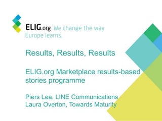 Results, Results, Results

ELIG.org Marketplace results-based
stories programme

Piers Lea, LINE Communications
Laura Overton, Towards Maturity
 