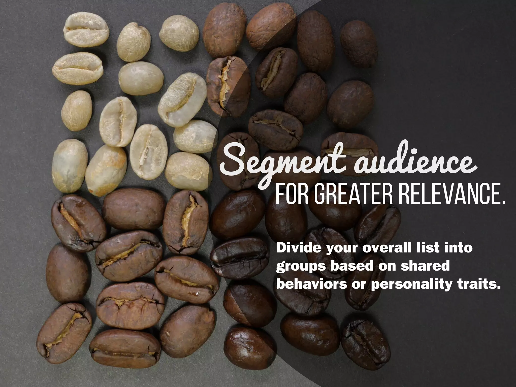 for greater relevance.
Segment audience
Divide your overall list into
groups based on shared
behaviors or personality traits.
 