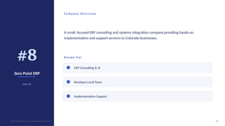 #8
Zero Point ERP
Erie, CO
Co m p any O ver v i ew
A small, focused ERP consulting and systems integration company providing hands-on
implementation and support services to Colorado businesses.
Kno wn For
ERP Consulting & SI
Boutique Local Team
Implementation Support
10
Top 10 ERP Development Companies in Colorado
 