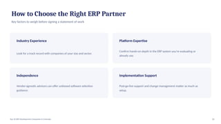 How to Choose the Right ERP Partner
Key factors to weigh before signing a statement of work
Industry Experience
Look for a track record with companies of your size and sector.
Platform Expertise
Confirm hands-on depth in the ERP system you're evaluating or
already use.
Independence
Vendor-agnostic advisors can offer unbiased software selection
guidance.
Implementation Support
Post-go-live support and change management matter as much as
setup.
14
Top 10 ERP Development Companies in Colorado
 