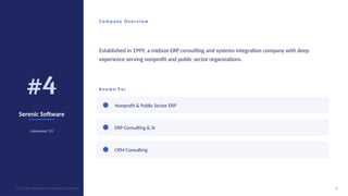 #4
Serenic Software
Lakewood, CO
Co m p any O ver v i ew
Established in 1999, a midsize ERP consulting and systems integration company with deep
experience serving nonprofit and public sector organizations.
Kno wn For
Nonprofit & Public Sector ERP
ERP Consulting & SI
CRM Consulting
6
Top 10 ERP Development Companies in Colorado
 
