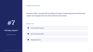 #7
Spinnaker Support
Greater Denver Area
Co m p any O ver v i ew
Founded in 2002, a specialist ERP consulting and support company best known for third-party
support and managed services for SAP and Oracle environments.
Kno wn For
Third-Party ERP Support
SAP & Oracle Specialists
Managed Services
9
Top 10 ERP Development Companies in Colorado
 