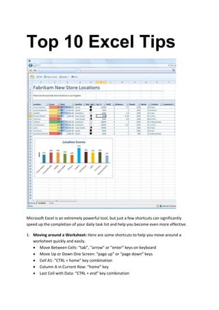 Top 10 Excel Tips
Microsoft Excel is an extremely powerful tool, but just a few shortcuts can significantly
speed up the completion of your daily task list and help you become even more effective.
1. Moving around a Worksheet: Here are some shortcuts to help you move around a
worksheet quickly and easily.
 Move Between Cells: “tab”, “arrow” or “enter” keys on keyboard
 Move Up or Down One Screen: “page up” or “page down” keys
 Cell A1: “CTRL + home” key combination
 Column A in Current Row: “home” key
 Last Cell with Data: “CTRL + end” key combination
 