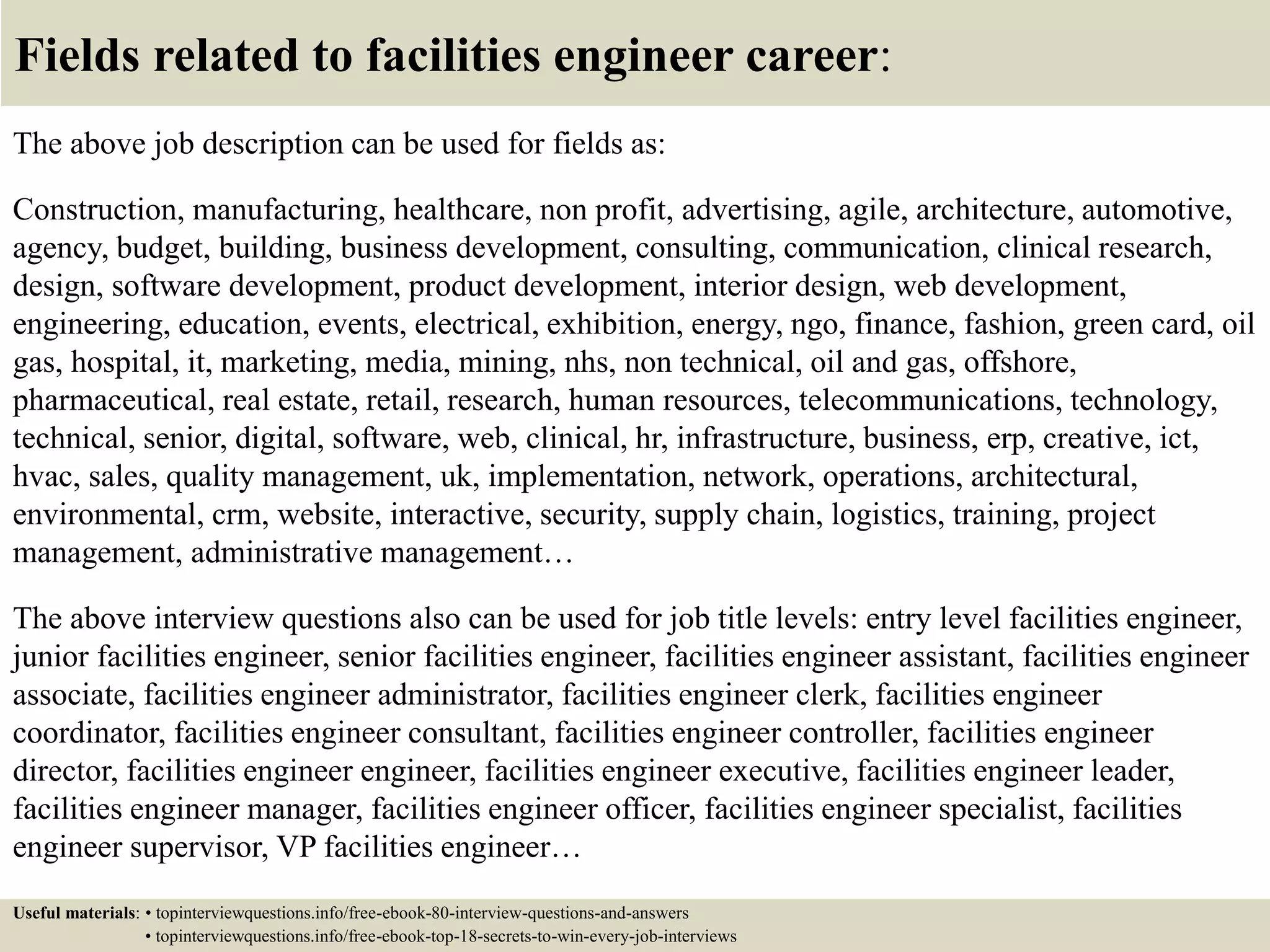 Fields related to facilities engineer career:
The above job description can be used for fields as:
Construction, manufacturing, healthcare, non profit, advertising, agile, architecture, automotive,
agency, budget, building, business development, consulting, communication, clinical research,
design, software development, product development, interior design, web development,
engineering, education, events, electrical, exhibition, energy, ngo, finance, fashion, green card, oil
gas, hospital, it, marketing, media, mining, nhs, non technical, oil and gas, offshore,
pharmaceutical, real estate, retail, research, human resources, telecommunications, technology,
technical, senior, digital, software, web, clinical, hr, infrastructure, business, erp, creative, ict,
hvac, sales, quality management, uk, implementation, network, operations, architectural,
environmental, crm, website, interactive, security, supply chain, logistics, training, project
management, administrative management…
The above interview questions also can be used for job title levels: entry level facilities engineer,
junior facilities engineer, senior facilities engineer, facilities engineer assistant, facilities engineer
associate, facilities engineer administrator, facilities engineer clerk, facilities engineer
coordinator, facilities engineer consultant, facilities engineer controller, facilities engineer
director, facilities engineer engineer, facilities engineer executive, facilities engineer leader,
facilities engineer manager, facilities engineer officer, facilities engineer specialist, facilities
engineer supervisor, VP facilities engineer…
Useful materials: • topinterviewquestions.info/free-ebook-80-interview-questions-and-answers
• topinterviewquestions.info/free-ebook-top-18-secrets-to-win-every-job-interviews
 