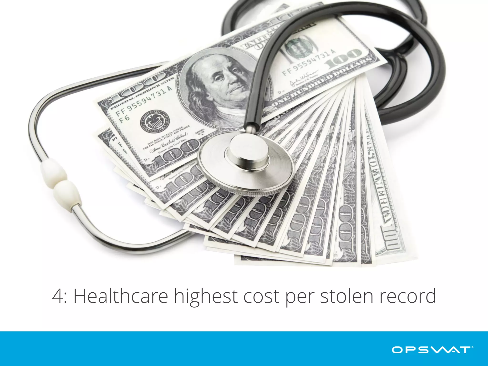 4: Healthcare highest cost per stolen record
The cost of stolen healthcare records can be as high as $363, according to the
Ponemon Institute. Healthcare records are more valuable than stolen credit card
details since credit cards can easily be cancelled, but fraud using a person’s
medical records is much more difficult to stop.
 