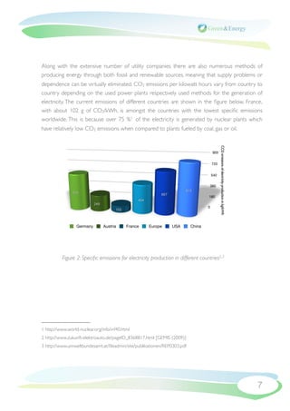 Along with the extensive number of utility companies there are also numerous methods of
producing energy through both fossil and renewable sources, meaning that supply problems or
dependence can be virtually eliminated. CO2 emissions per kilowatt hours vary from country to
country depending on the used power plants respectively used methods for the generation of
electricity. The current emissions of different countries are shown in the ﬁgure below. France,
with about 102  g  of  CO2/kWh, is amongst the countries with the lowest speciﬁc emissions
worldwide. This is because over 75  %1 of the electricity is generated by nuclear plants which
have relatively low CO2 emissions when compared to plants fueled by coal, gas or oil.




                                                                                              CO2 emissions of electricity production in kg/kWh
                                                                                        900


                                                                                        720


                                                                                        540


                                                                                    360
                                                                          813
                575                                           667
                                                                                    180
                                                   454
                            249
                                                                                    0
                                        102



                  Germany         Austria     France     Europe     USA     China




          Figure 2: Speciﬁc emissions for electricity production in different countries2,3




1 http://www.world-nuclear.org/info/inf40.html
2 http://www.zukunft-elektroauto.de/pageID_8368817.html [GEMIS (2009)]
3 http://www.umweltbundesamt.at/ﬁleadmin/site/publikationen/REP0303.pdf




                                                                                                                                                  7
 