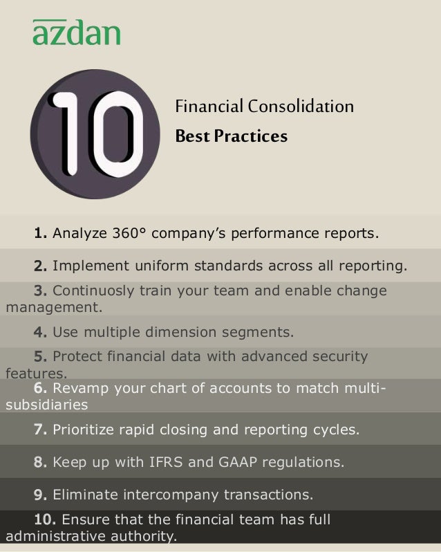 FinancialConsolidation
Best Practices
1. Analyze 360° company’s performance reports.
2. Implement uniform standards across all reporting.
3. Continuosly train your team and enable change
management.
4. Use multiple dimension segments.
5. Protect financial data with advanced security
features.
6. Revamp your chart of accounts to match multi-
subsidiaries
7. Prioritize rapid closing and reporting cycles.
8. Keep up with IFRS and GAAP regulations.
9. Eliminate intercompany transactions.
10. Ensure that the financial team has full
administrative authority.
 