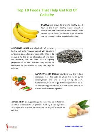 www.daringbeaute.com
Top 10 Foods That Help Get Rid Of
Cellulite
BANANAS are known to promote healthy blood
flow in the body. Healthy blood circulation
ensures that skin cells receive the nutrients they
require. Blood flow also rids the body of toxins
that may be responsible for cellulite build-up.
SUNFLOWER SEEDS are chock-full of cellulite-
busting nutrients. They are packed with vitamin E,
potassium, zinc, selenium, vitamin B6. Vitamin B6
is crucial for the proper absorption of zinc from
the intestines, and has some cellulite fighting
properties of its own. However they should be
consumed in moderation as they are high in
calories.
CAPSAICIN in HOT CHILLIES could increase the resting
metabolic rate (the rate at which the body burns
carbohydrates and fats at rest) by up to 25%.
Furthermore, research suggests that capsaicin can act as
an appetite suppressant and thus reduce the amount of
calories consumed during meals.
GINGER ROOT can suppress appetite and rev up metabolism
and thus contribute to weight loss. Further, it aids digestion
and improves circulation, which in turn can help rid the body of
cellulite.
 