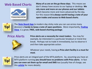 Many of us are on the go these days. This means we
don’t always have access to our laptop or desktop. We
rely more and more on our phones and our tablets
which become more and more advanced by the day.
For this reason it is always worth having a note of your
open trades and access to Web based charts.
Web Based Charts
Price alerts are a necessity for most traders. You may for
example, be interested in a particular breakout or trend-line
break. Perhaps not to trade it immediately, but to observe it
and then take appropriate action.
Whatever your needs, having a Price alert facility is a must for
most.
Price Alerts
The Note Board App (a modern day sticky note you can use across many
devices) is handy to keep a note of open positions. More importantly, Trading
View is a great, FREE, web based charting package.
Price alerts are an integral part of the MT4 platform. So, assuming you have an
MT4 platform running you should have no problems with Price alerts. In fact
you can even set them up for email and SMS too (usually free of charge, see
this article for more details).
 